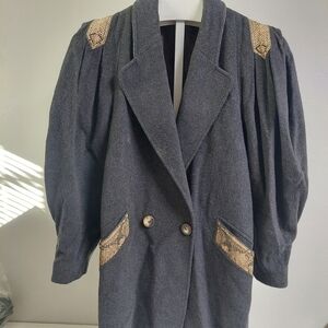 CACHE‎ D'OR Black Vintage Coat Wool Cashmere Women 10 Snake Skin Balloon Sleeves